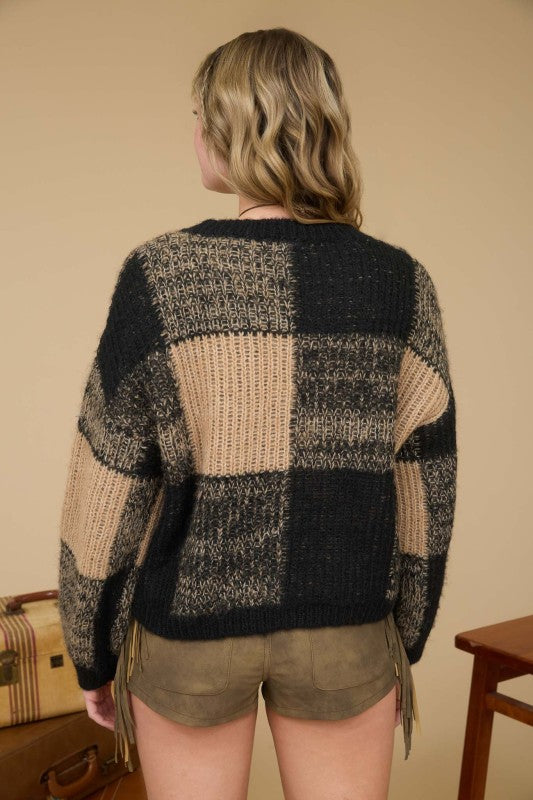 blu pepper black and tan plaid pullover sweater