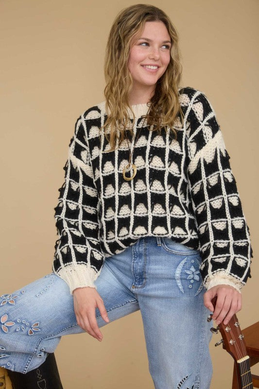 blu pepper black and cream textured knit sweater