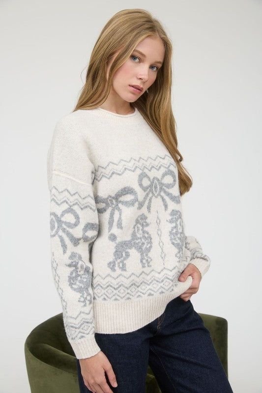 Cream Poodle Bow Knit Sweater