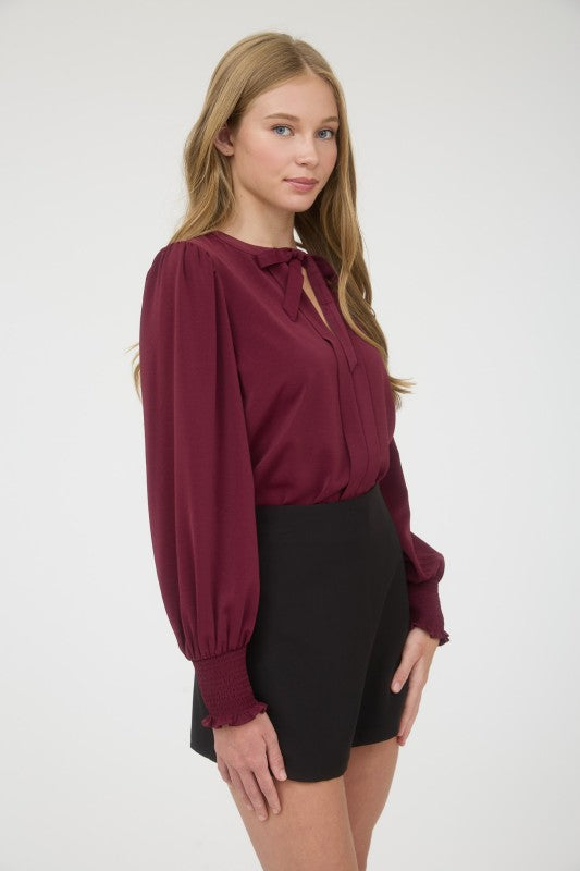burgundy long sleeve tie neck top