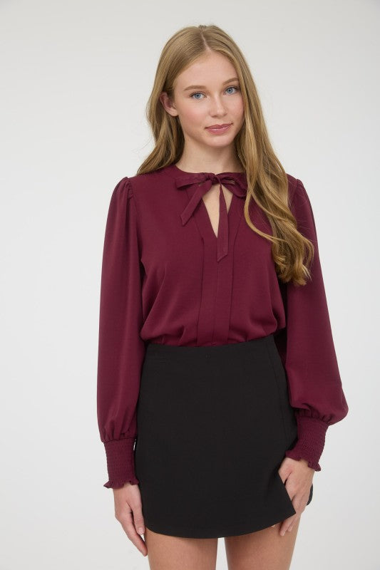 blu pepper burgundy long sleeve tie neck top