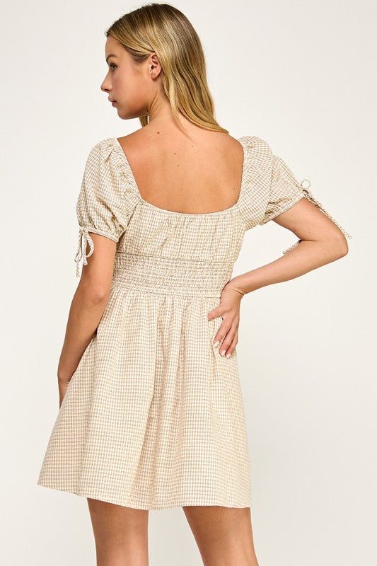 beige plaid short sleeve short dress