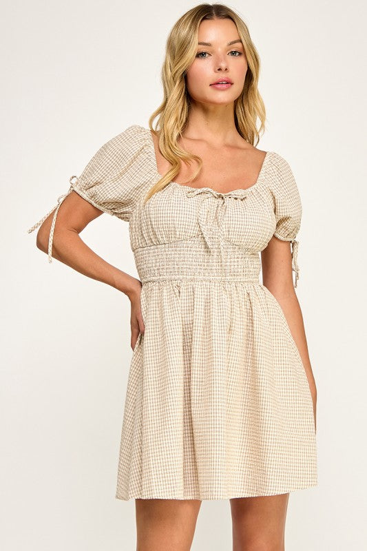 beige gingham puff sleeve short drss