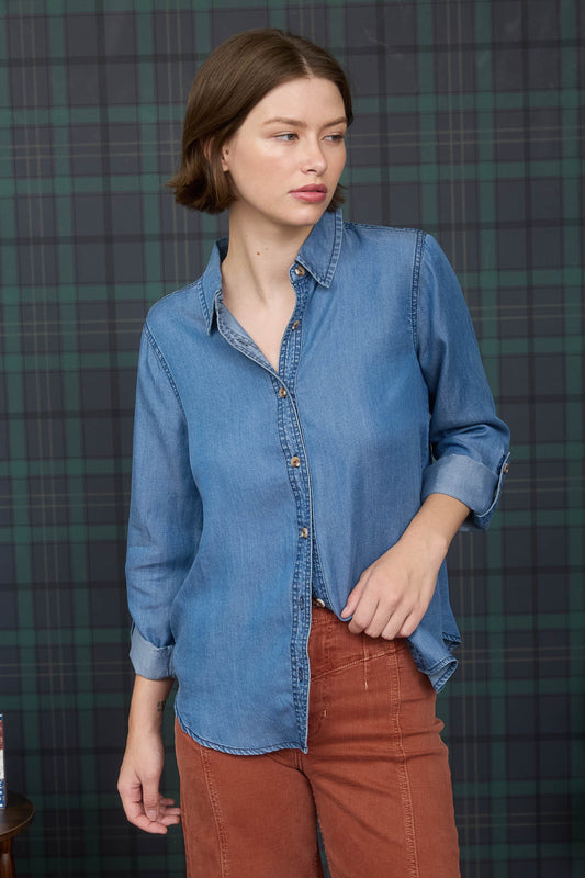 blu pepper blue button down long sleeve chambray shirt