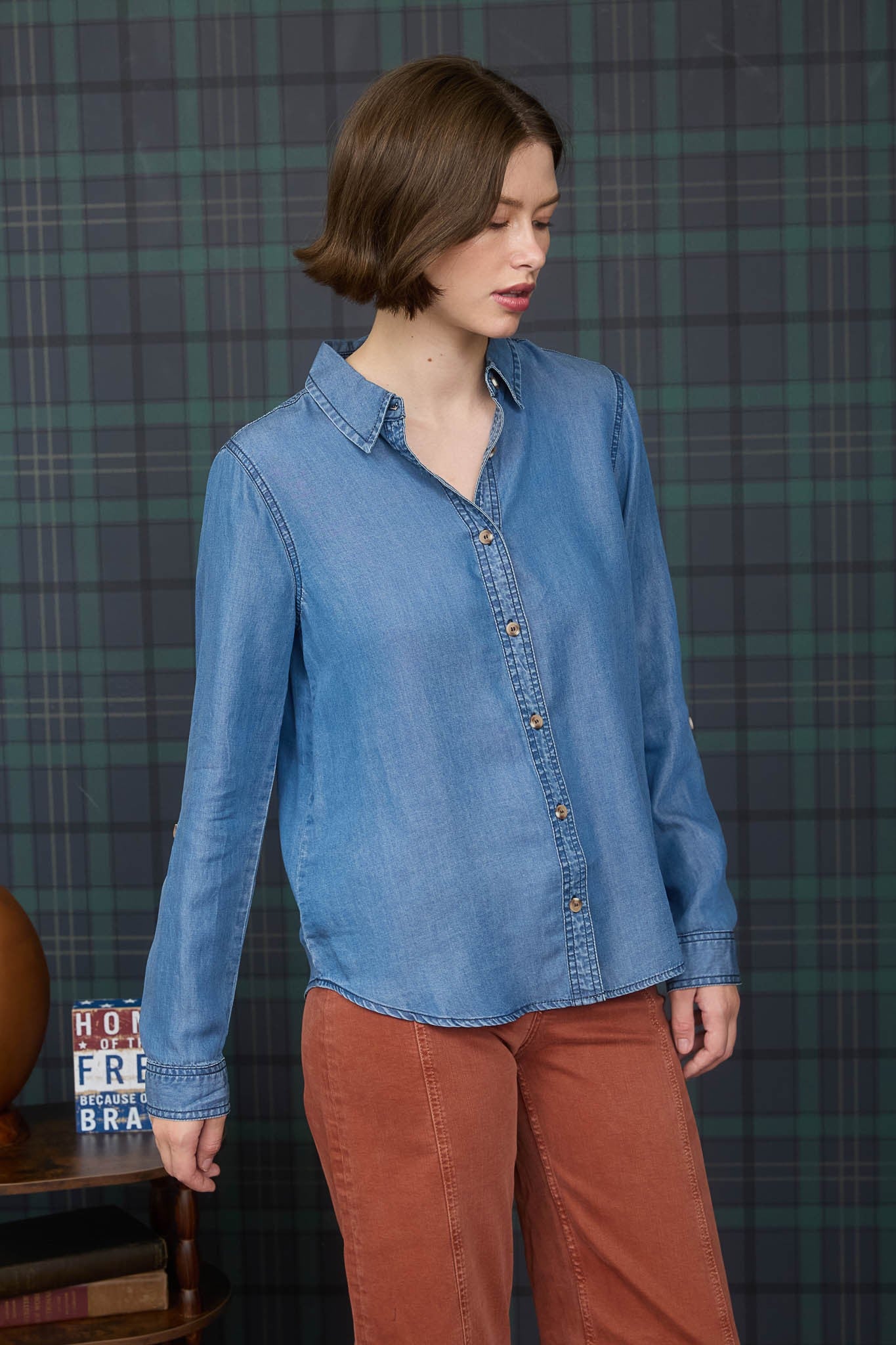 blue chambray denim button down shirt