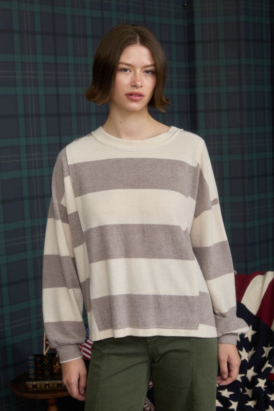 blu pepper taupe striped brushed knit long sleeve top