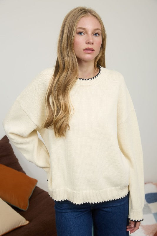 blu pepper cream long sleeve contrast knit sweater
