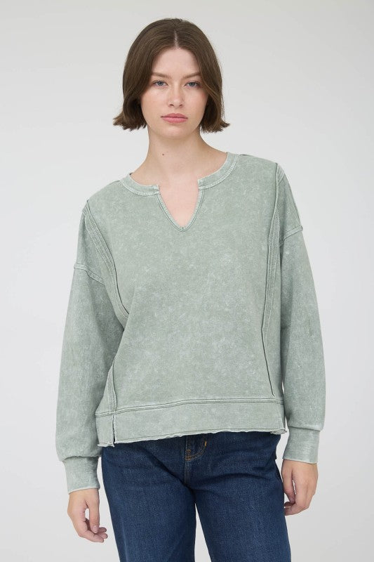 blu pepper green v neck long sleeve mineral wash top