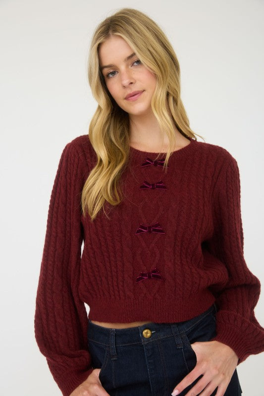 blu pepper burgundy knit bow sweater