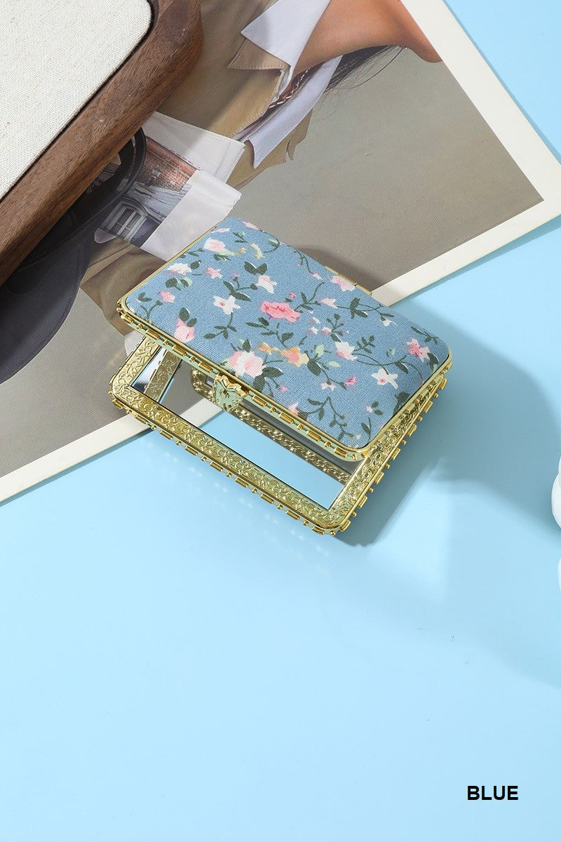 blue floral fabric compact mirror
