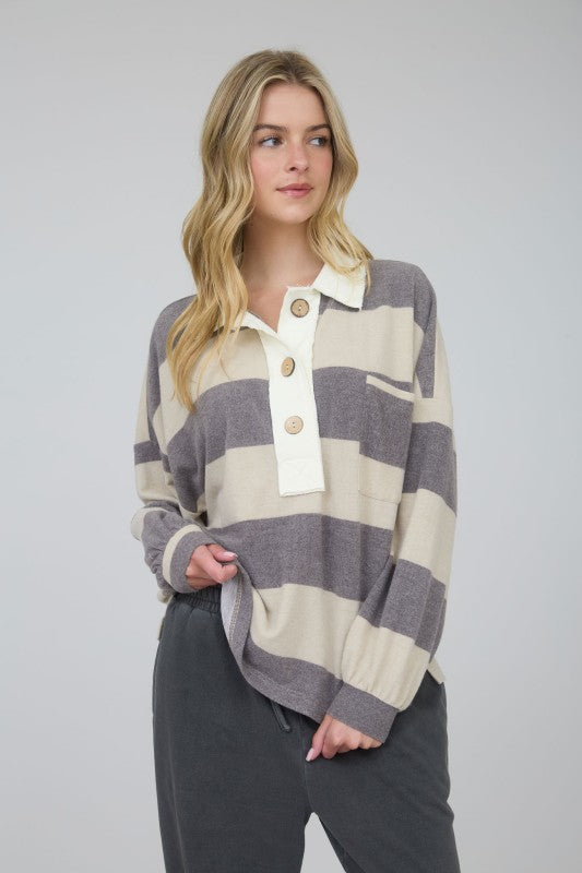 blu pepper soft striped collar long sleeve top