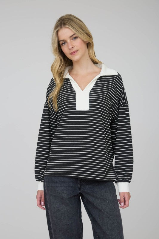 Black Striped Collar Long Sleeve Top