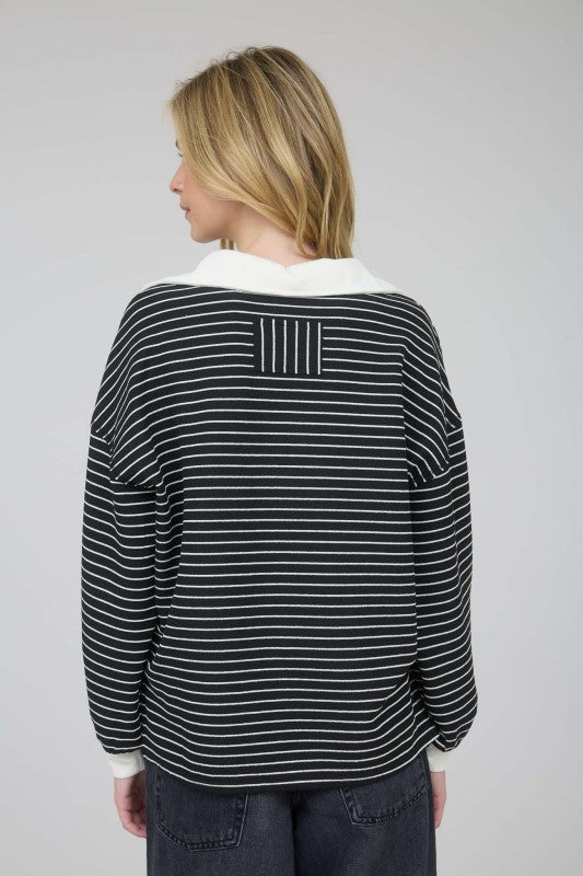 Black Striped Collar Long Sleeve Top