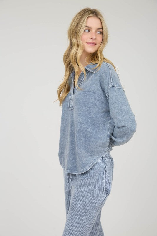 blue mineral wash collared top