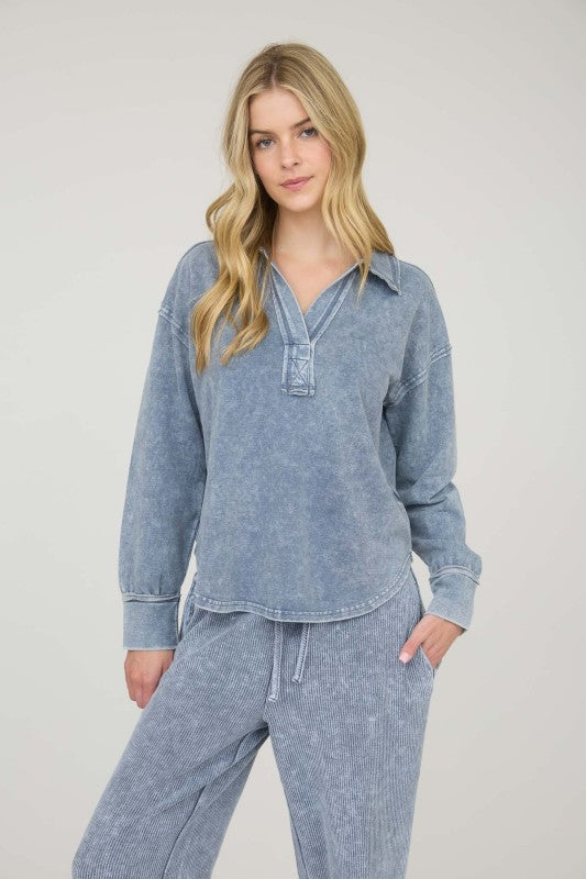 blu pepper blue mineral wash long sleeve collar top