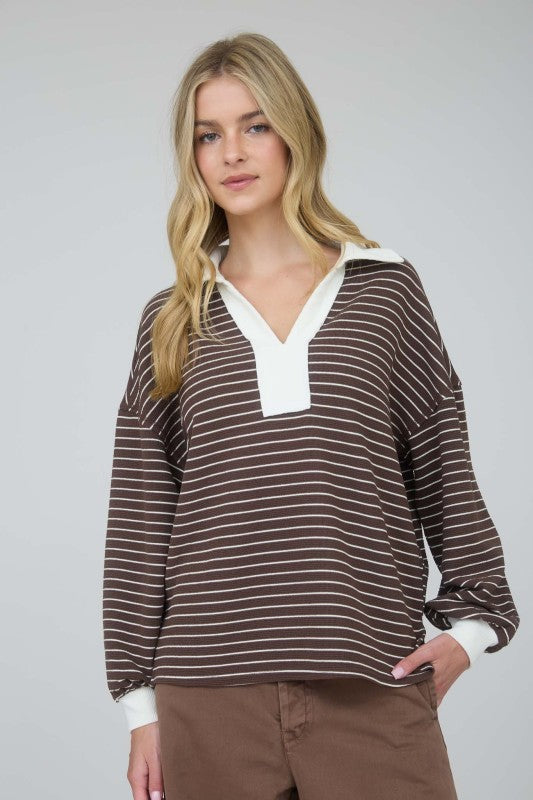 blu pepper brown striped collar long sleeve top