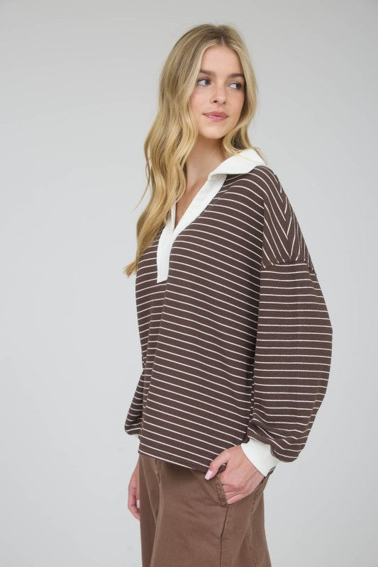 brown striped long sleeve top