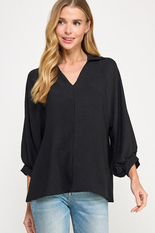 black v neck balloon sleeve top