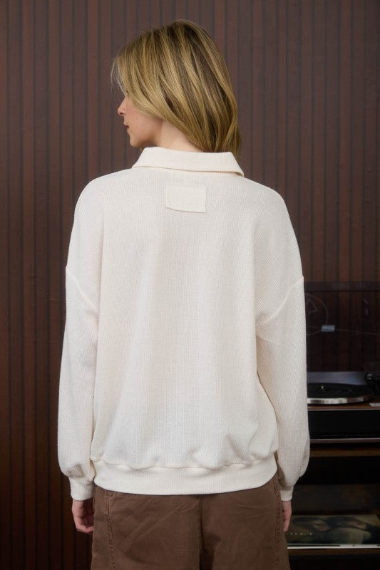Cream Ribbed Long Sleeve Collar Top