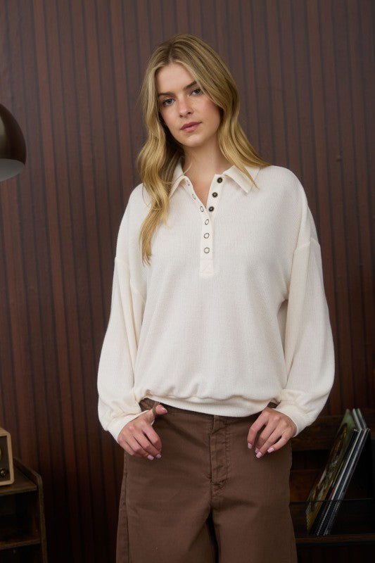 Cream Ribbed Long Sleeve Collar Top