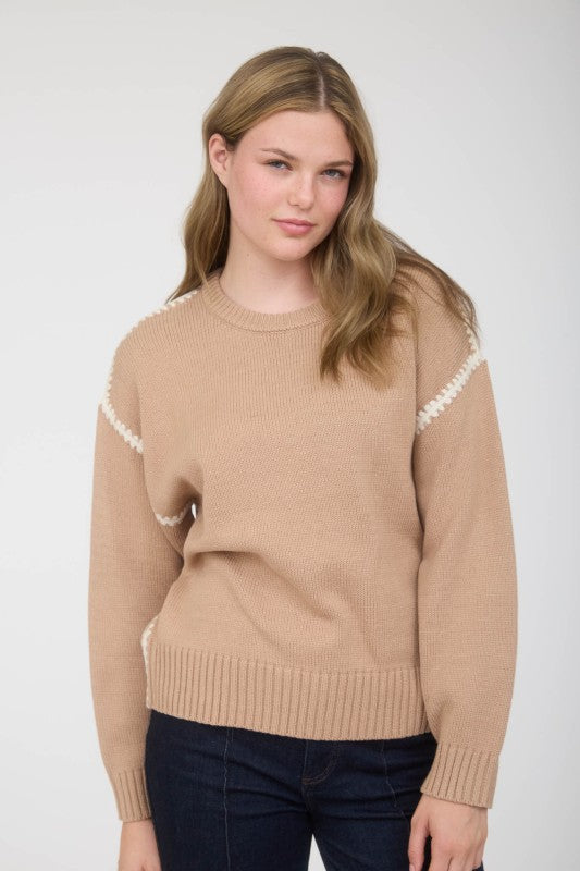 blu pepper mocha white trim knit pullover sweater