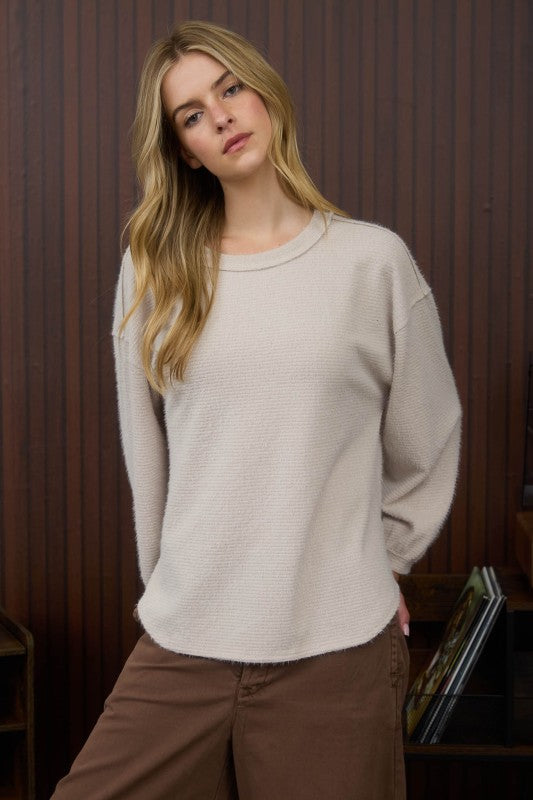 blu pepper cream long sleeve fuzzy knit top