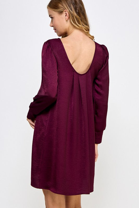 Plum Satin Long Sleeve Short Dress L Plum Satin Long Sleeve Short Dress L