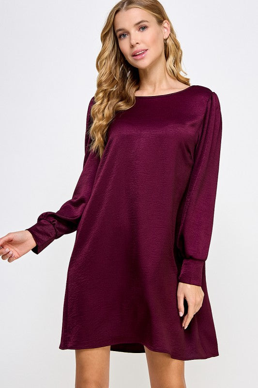 2 hearts plum satin long sleeve short dress