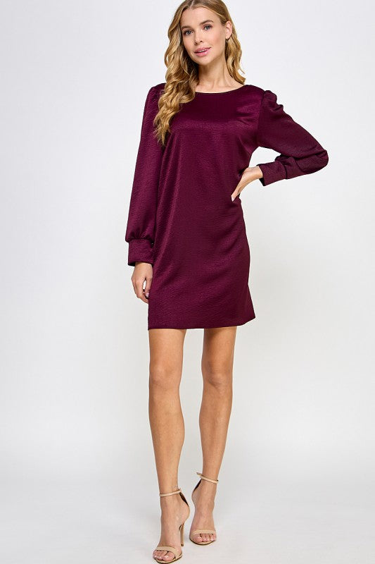 Plum Satin Long Sleeve Short Dress L Plum Satin Long Sleeve Short Dress L