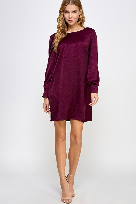 Plum Satin Long Sleeve Short Dress L Plum Satin Long Sleeve Short Dress L