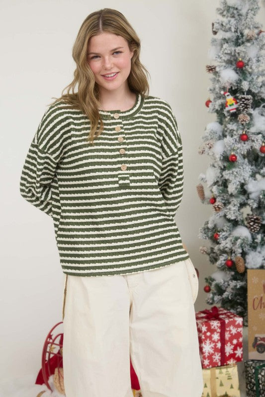 blu pepper green striped long sleeve button top