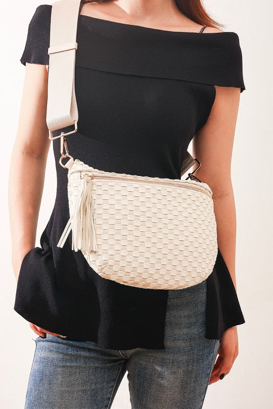 beige checkered woven tassel bum crossbody bag