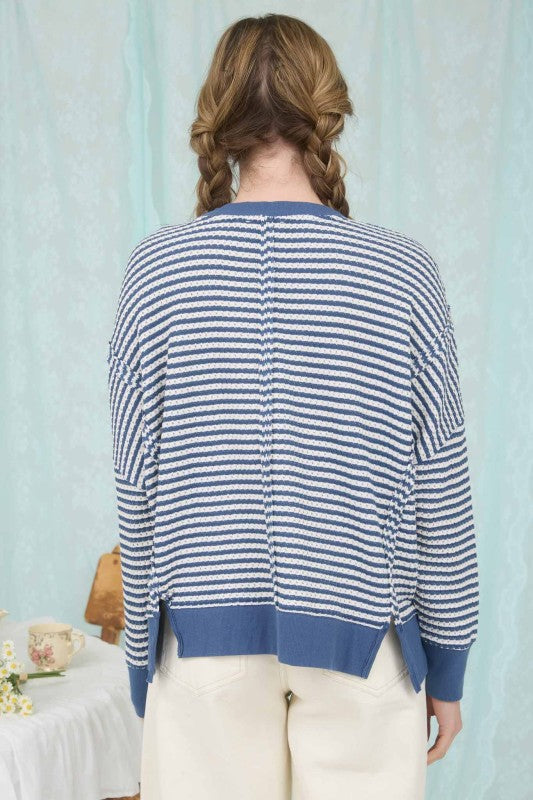 blue striped long sleeve lightweight top