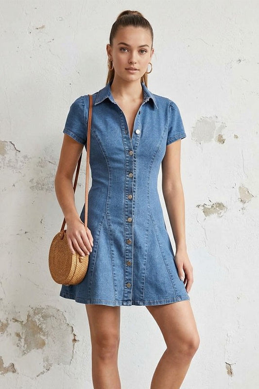 medium wash short sleeve button denim dress