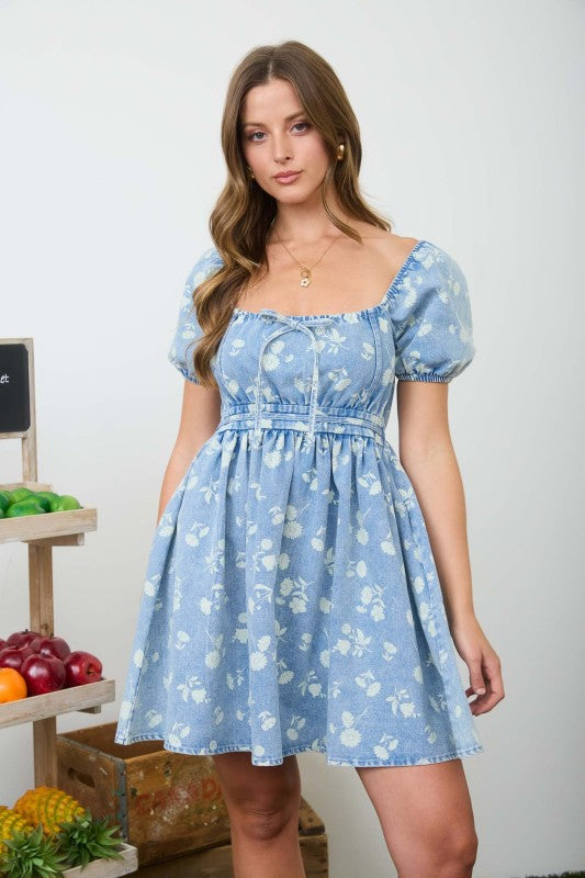 denim floral short sleeve dress