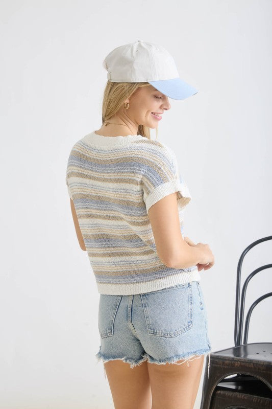 striped knit short sleeve striped top