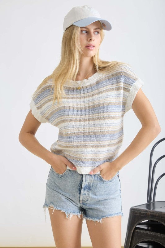 cream and blue striped short sleeve knit top