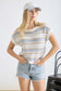 cream and blue striped short sleeve knit top