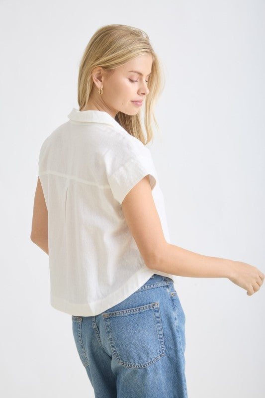white short sleeve button down top