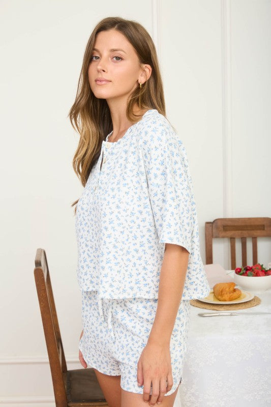 cream and blue floral top and shorts set