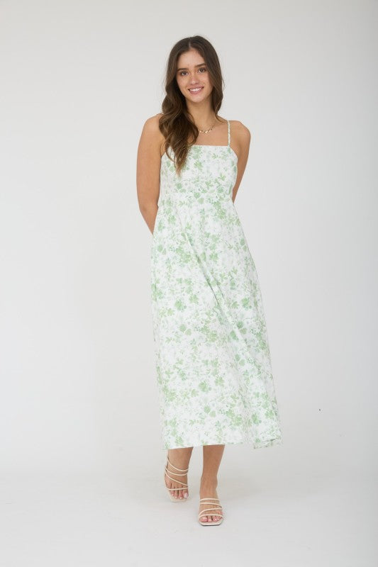 blu pepper green floral sleeveless midi dress