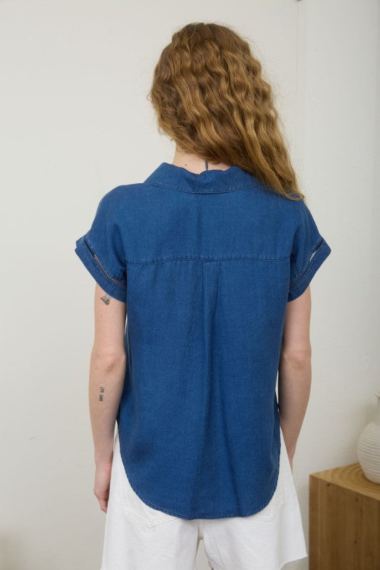 Dark Blue Chambray Collar Short Sleeve Top