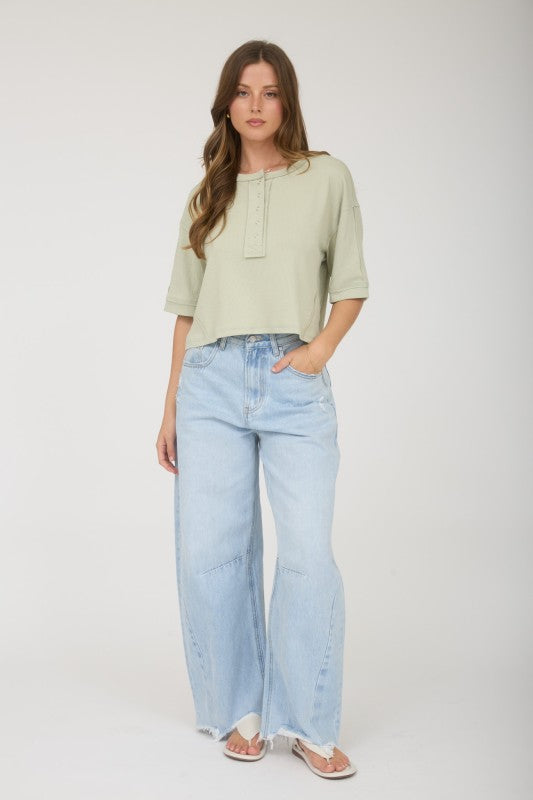 sage short sleeve henley boxy top