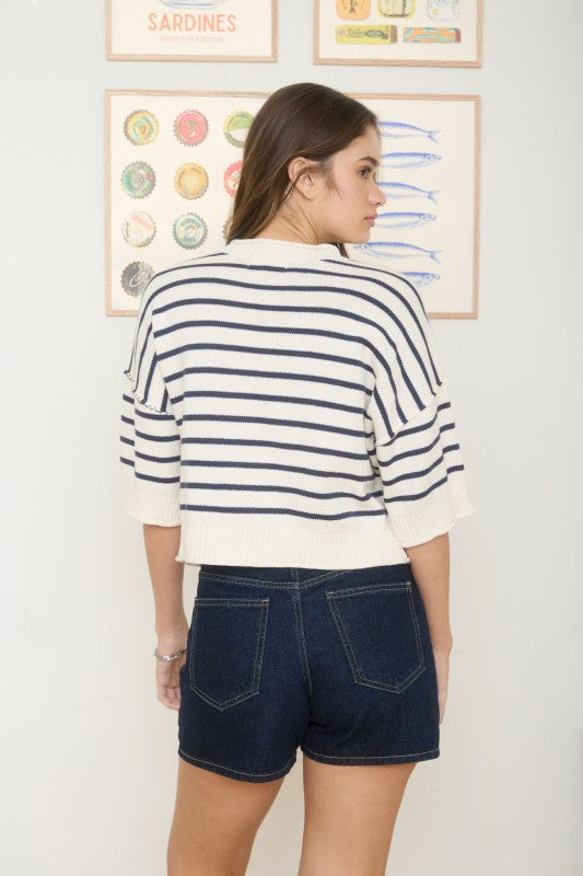cream and navy striped knit top