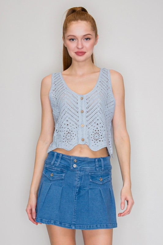 iris blue sleeveless crochet tank