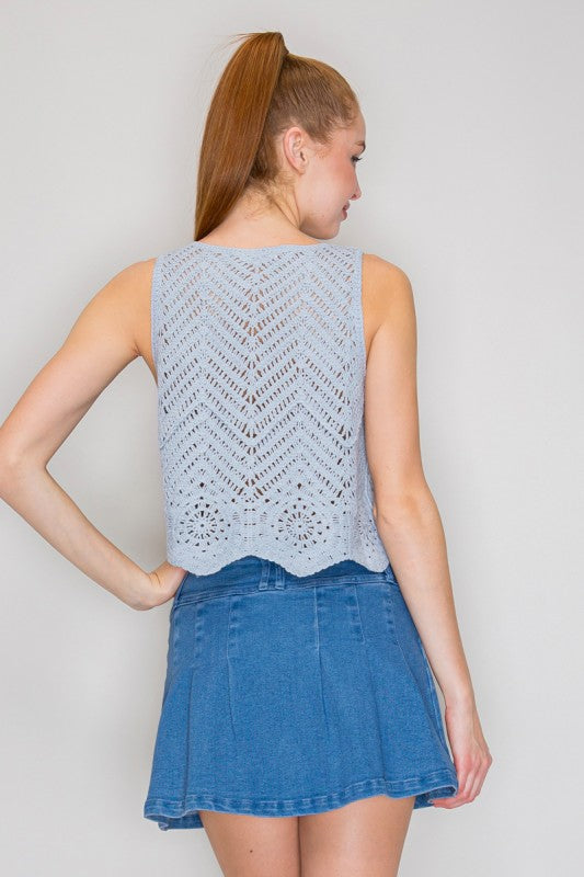 light blue crochet tank top