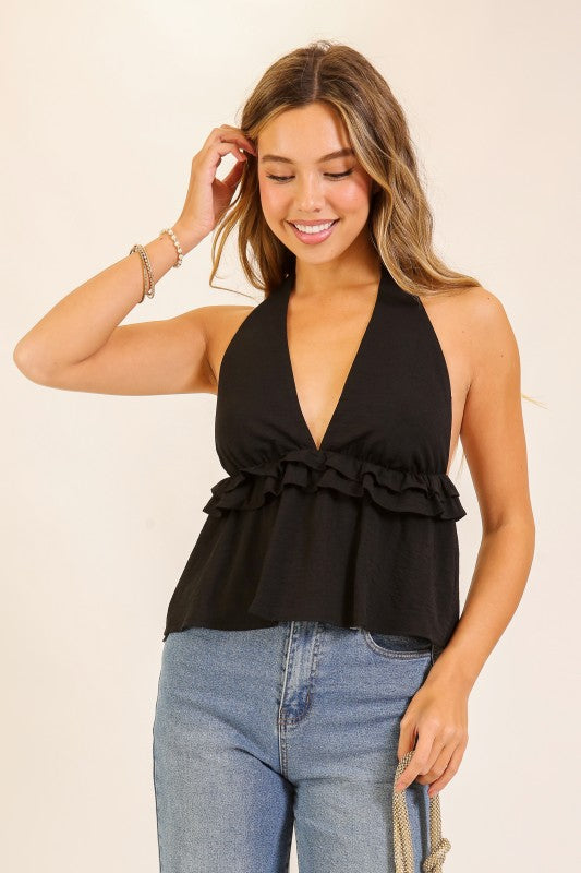 timing black ruffle halter top