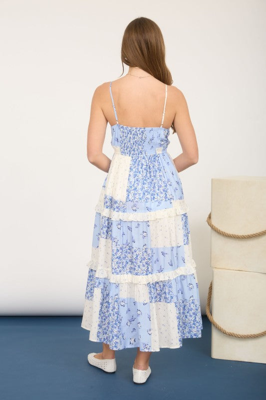 Blue Patch Sleeveless Floral Midi Dress