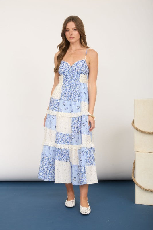 Blue Patch Sleeveless Floral Midi Dress