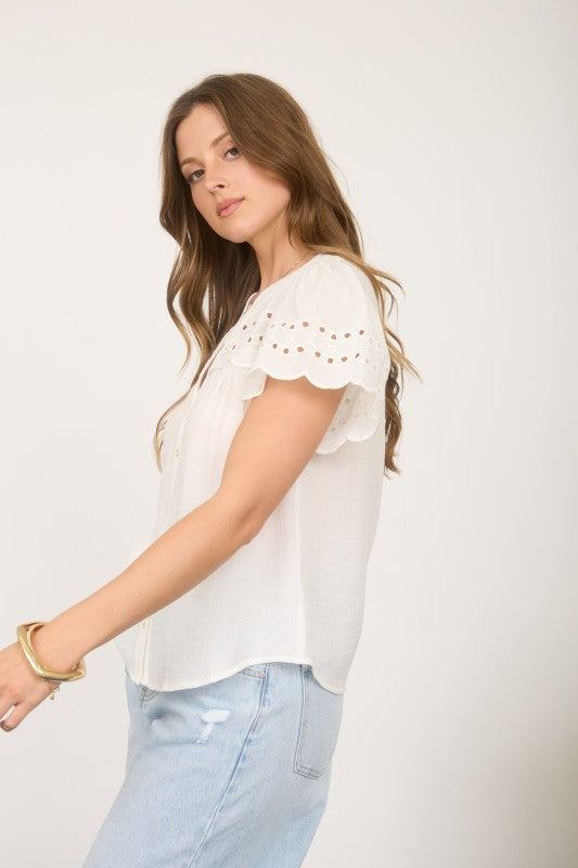 white eyelet short sleeve top